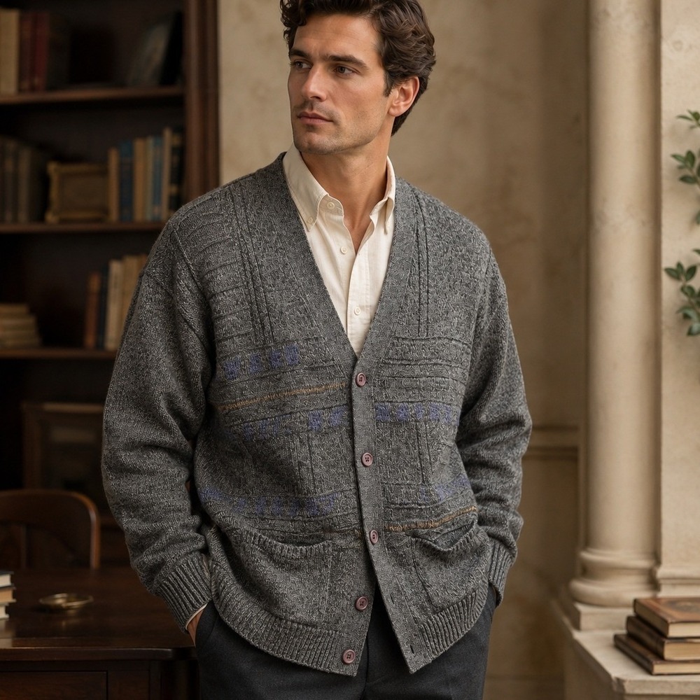 Gray Cardigan Sweater Button Up Wool Blend Pockets Grandpa Academia Old Money L